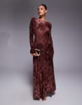 [Rare] Rare London slash neck long sleeve drop scoop waist maxi dress in burgundy floral-Red 6 RUST