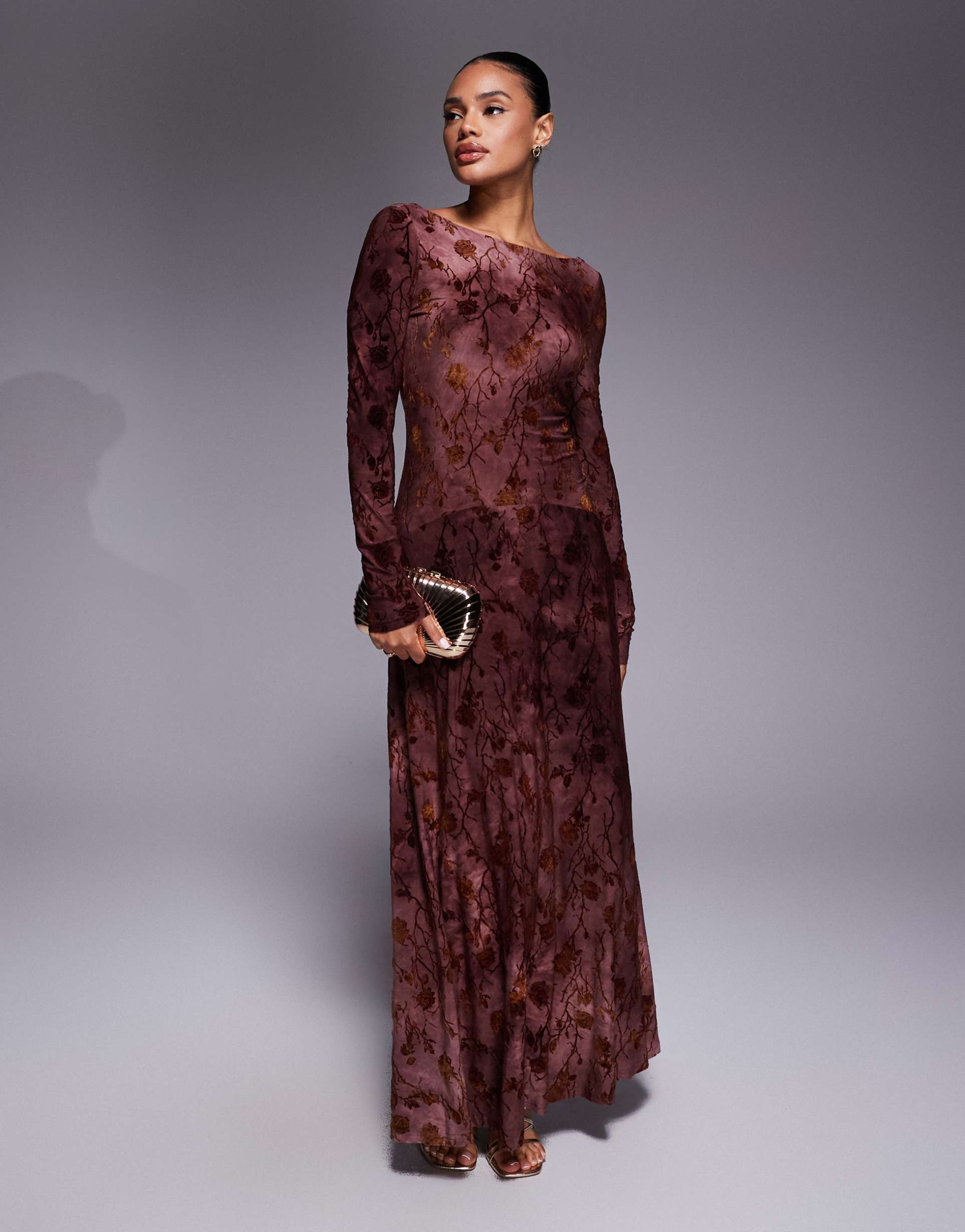 rare london slash neck long sleeve dropped scoop waist maxi dress in burgundy floral