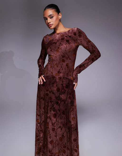 burgundy floral devore long sleeve maxi dress Noraya Silk-Satin Devoré Midi Dress in Bouquet Devoré Brown main image 0