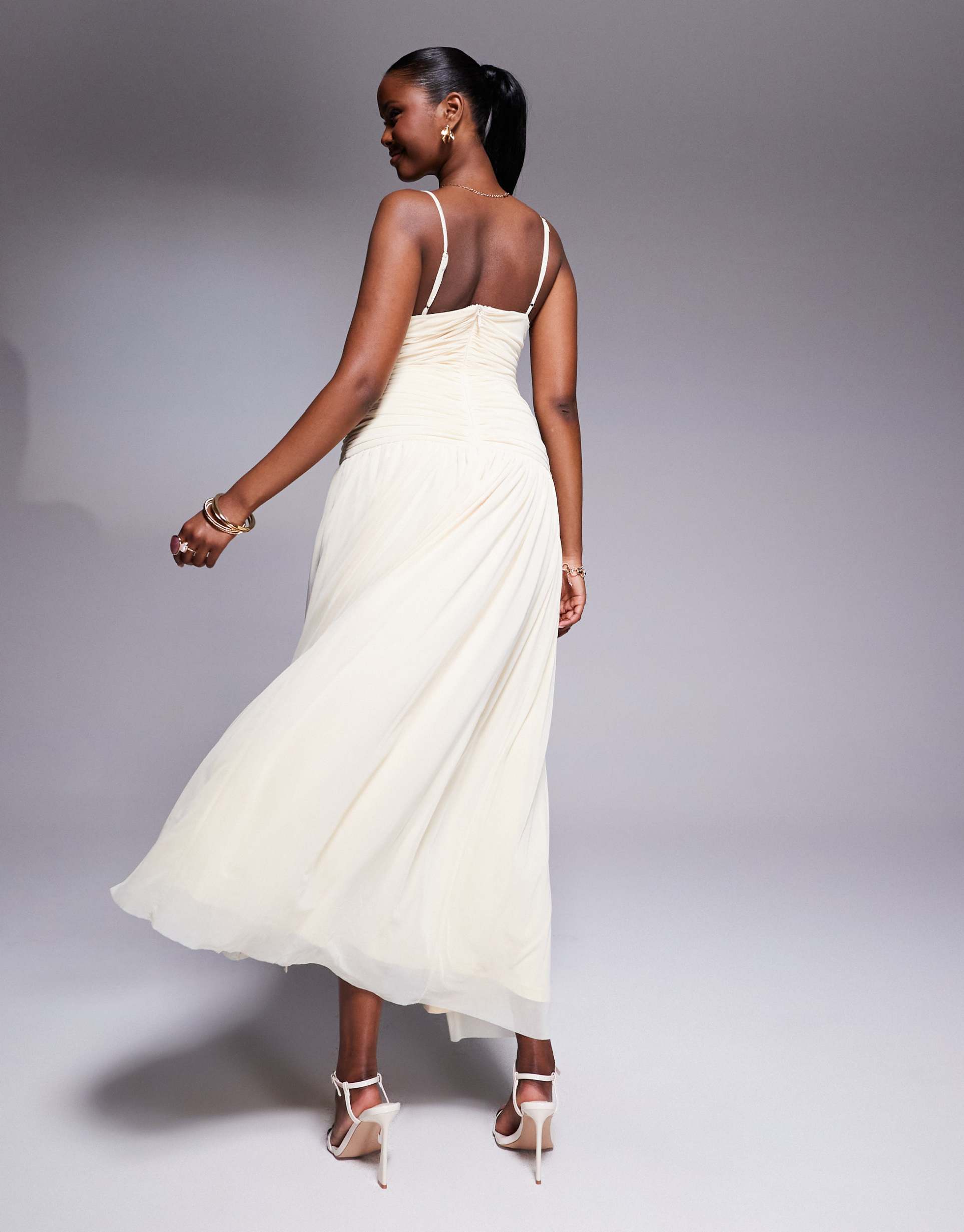 rare london slinky drape detail dropped waist cami dress in cream