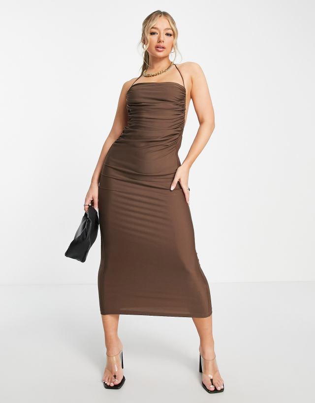 Rare - london slinky open back midi dress in chocolate