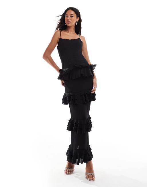 Rare London - Sort cami-maxikjole med korset-detalje og lagdelt nederdel i chiffon