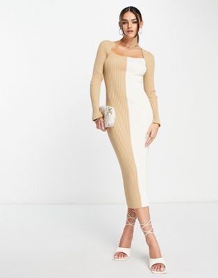 Rare London spliced knitted midi dress in beige and white
