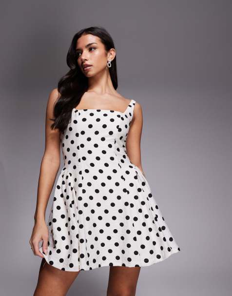 Rare London square neck lace up back detail side pleat mini dress in white polka dot - view 1