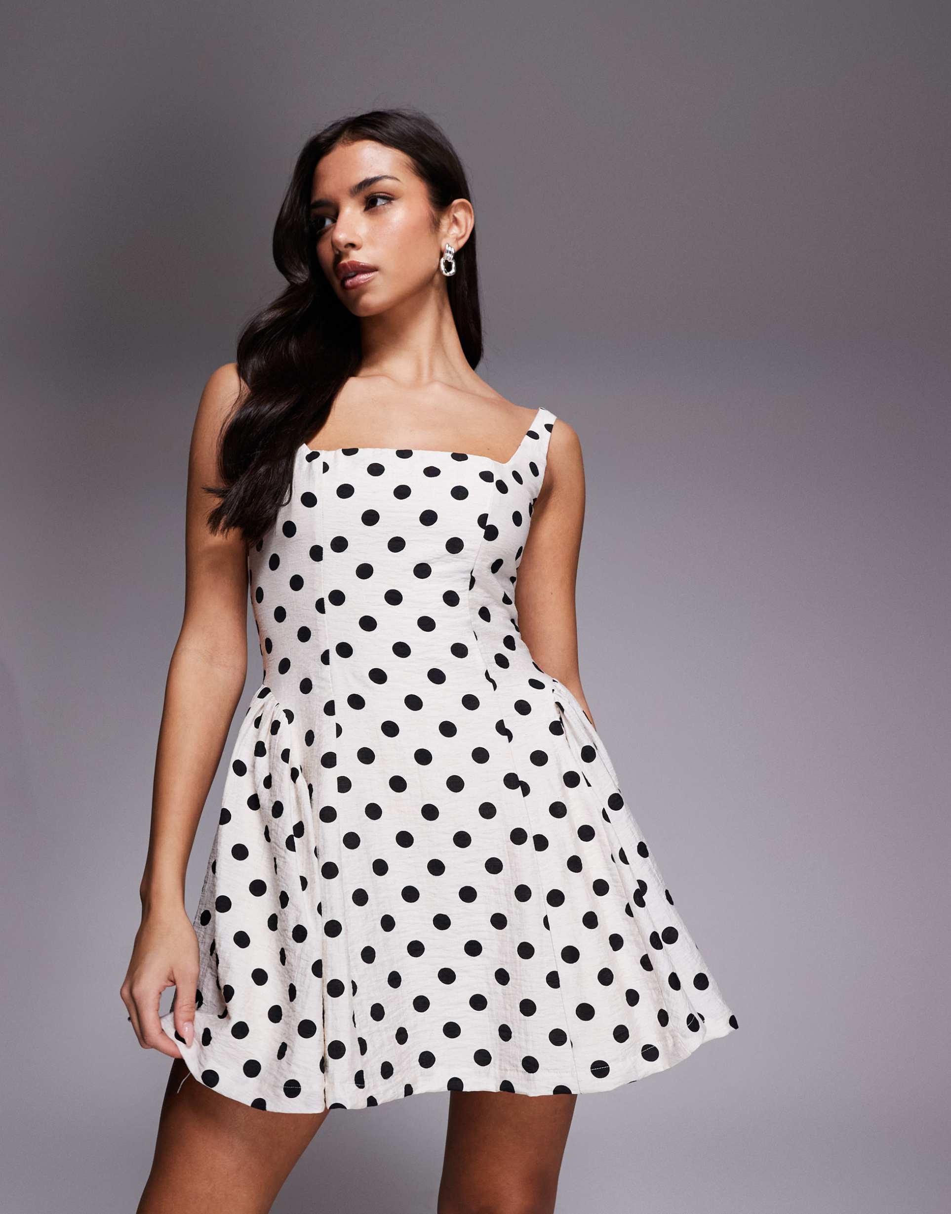 rare london square neck lace up back detail side pleat mini dress in white polka dot