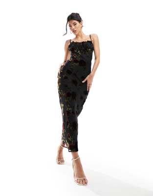 Rare London Strappy Burnout Tie Front Maxi Dress In Black Floral