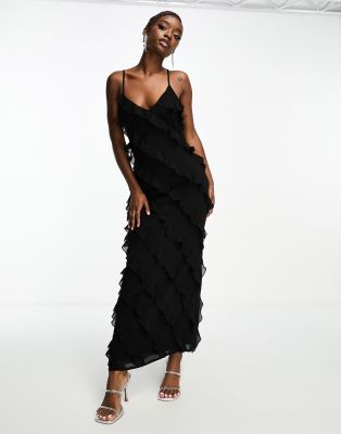 Rare London Strappy Ruffle Detail Maxi Dress In Black In Black