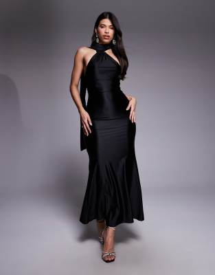 Rare London Stretch Satin Asymmetric Scarf Detail Maxi Dress In Black
