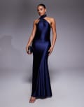 [Rare] Rare London stretch satin asymmetric scarf detail maxi dress in navy 6 NAVY