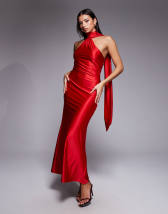 Krmz Elbise Mango Asymmetrical Pleated Dress Red Red Satin Pleated One  Shoulder Cut Out Midi Dress