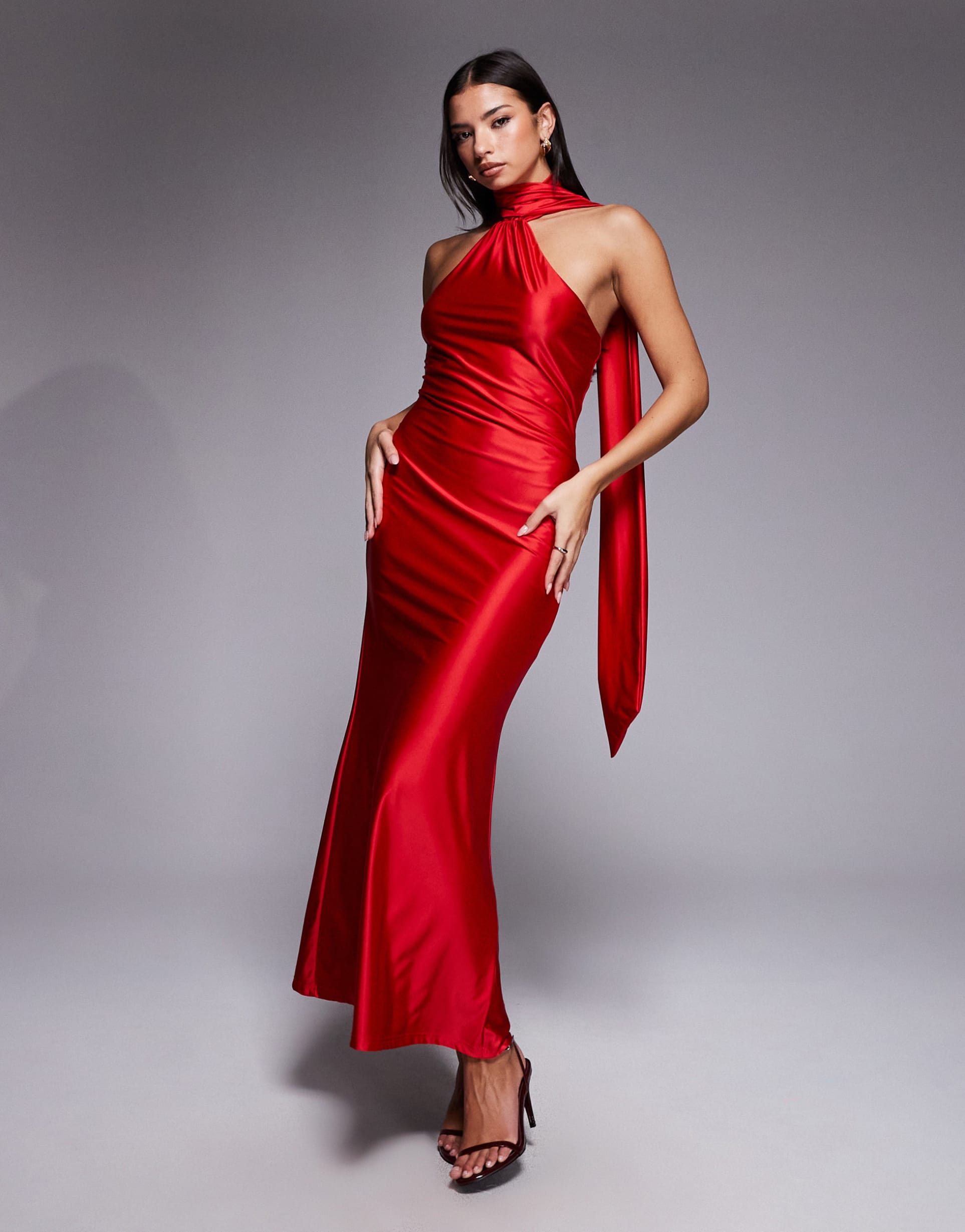rare london stretch satin asymmetric scarf detail maxi dress in red