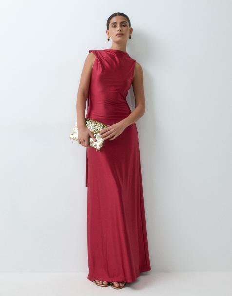 Rare London stretch satin drape detail maxi dress in burgundy - view 1
