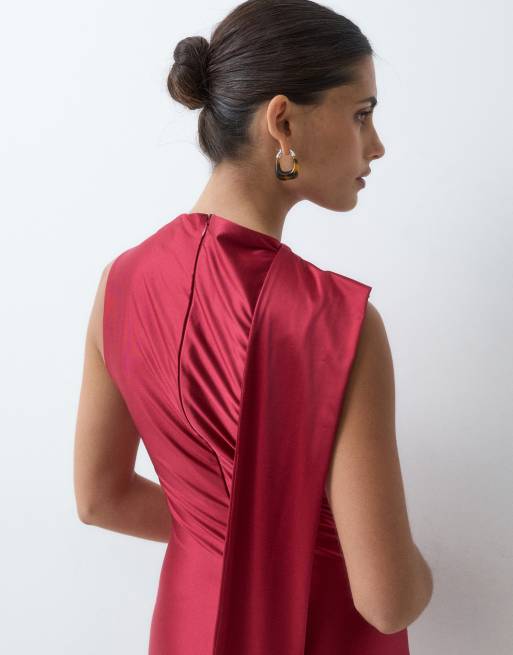 Rare London stretch satin drape detail maxi dress in burgundy, 4 of 5