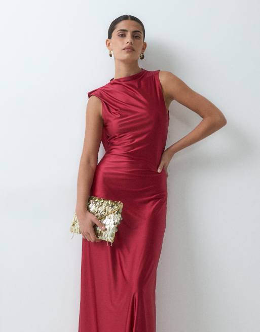 Rare London stretch satin drape detail maxi dress in burgundy, 5 of 5