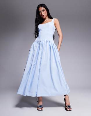 London structured scoop neck dropped waist maxi dress in powder blue