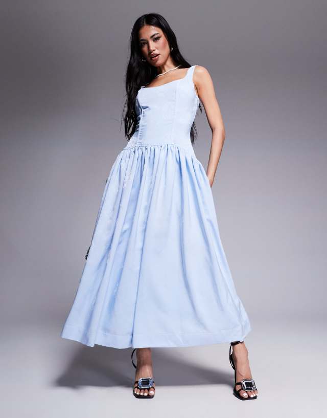 powder blue long dress Rare London structured scoop neck dropped waist maxi in ASOS DESIGN Elodie long SITEWIDESALEJUN26 tie back strap Size:US Size 20W