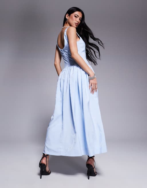 Rare London structured scoop neck dropped waist maxi dress in powder blue