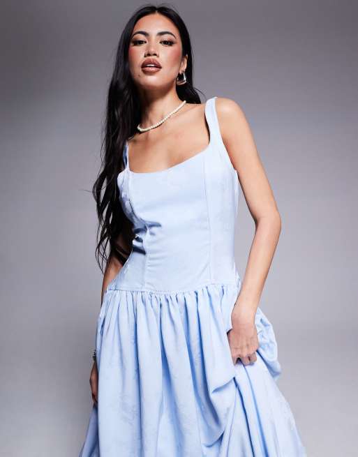 Rare London structured scoop neck dropped waist maxi dress in powder blue