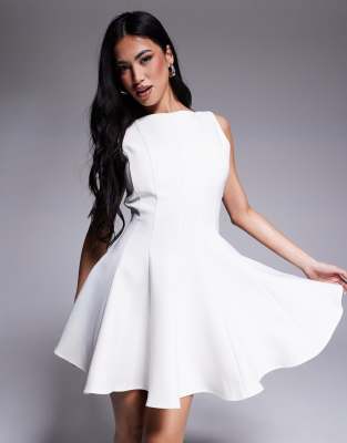 London structured straight neck pleated skater mini dress in cream-White