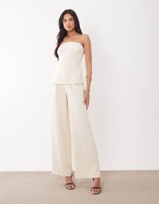 Rare London tailored bandeau peplum detail split side wide leg jumpsuit in cream cream