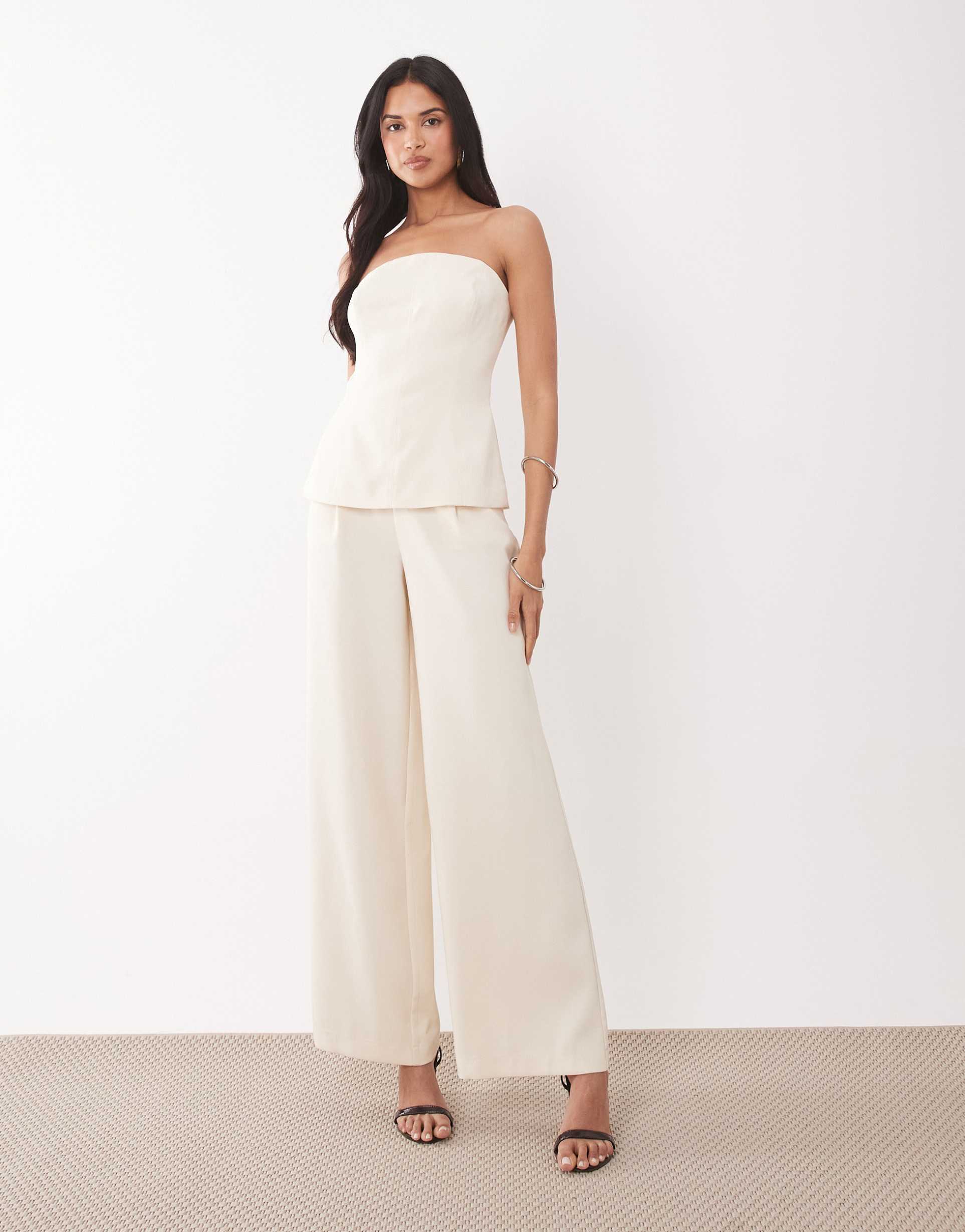 rare london tailored bandeau peplum detail split side wide leg jumpsuit in cream