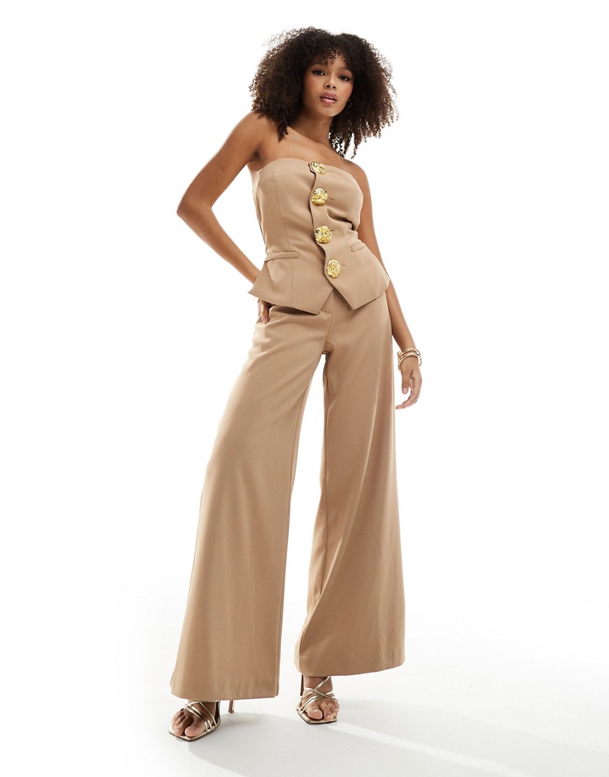 Rare London tailored bandeau textured gold button wide leg jumpsuit in tan-Neutral