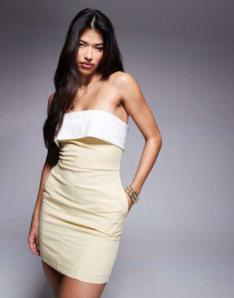 Rare London tailored contrast fold over detail bandeau mini dress in butter yellow - view 1