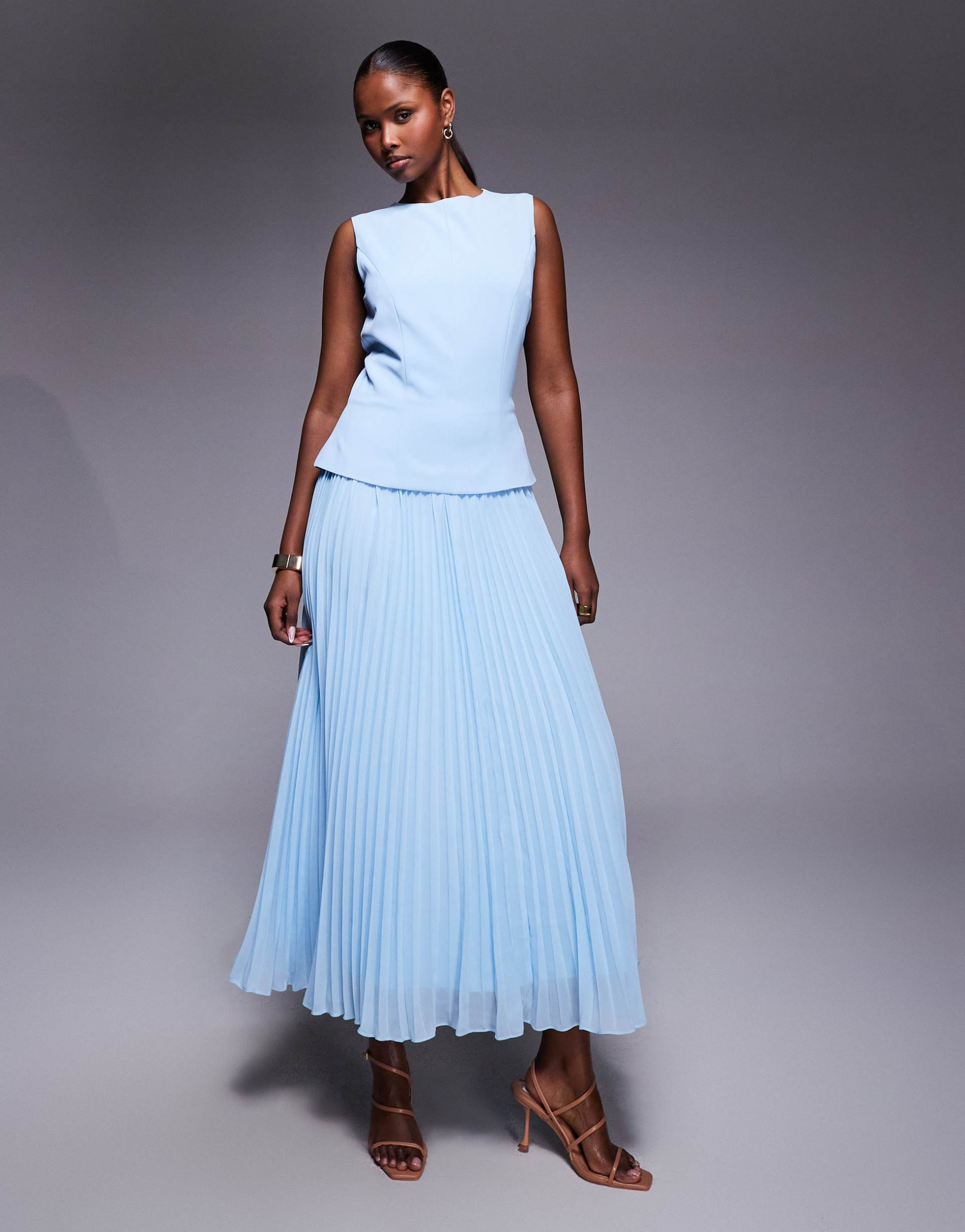 rare london tailored dropped overlay waist pleated skirt maxi dress in baby blue