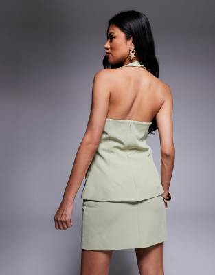 Rare London Tailored Halterneck Gold Button Vest Detail Mini Dress