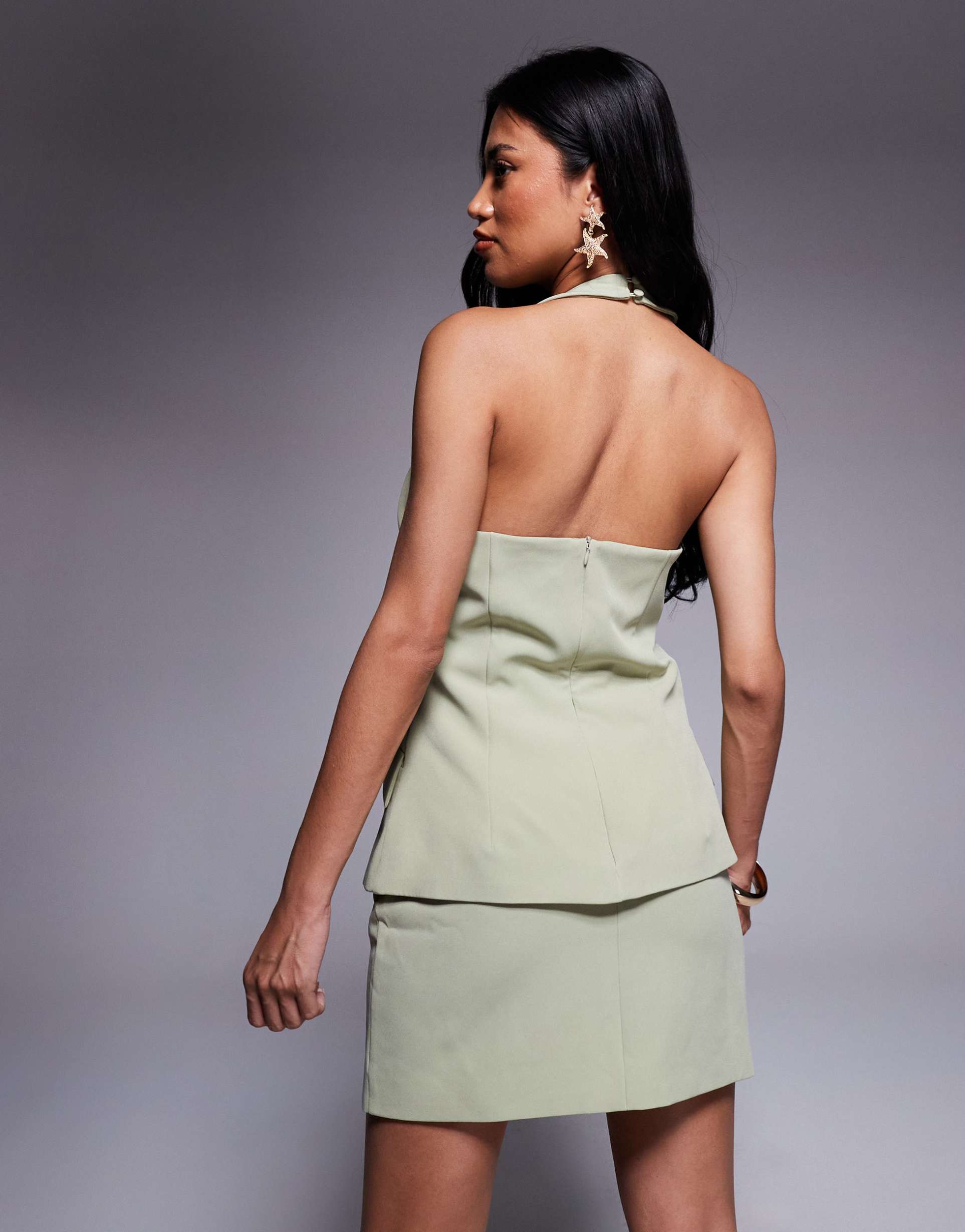 rare london tailored halterneck gold button vest detail mini dress in olive green