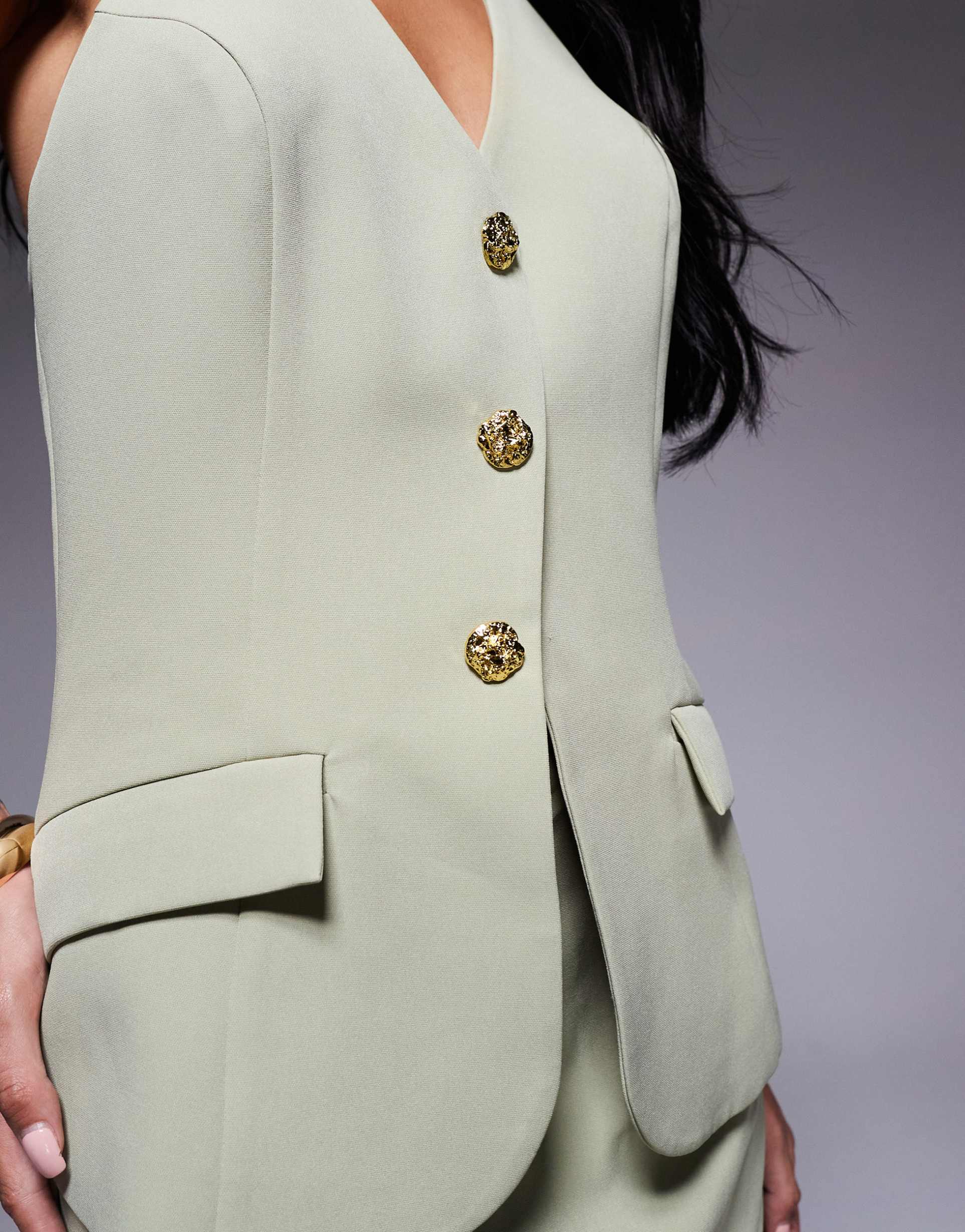 rare london tailored halterneck gold button vest detail mini dress in olive green