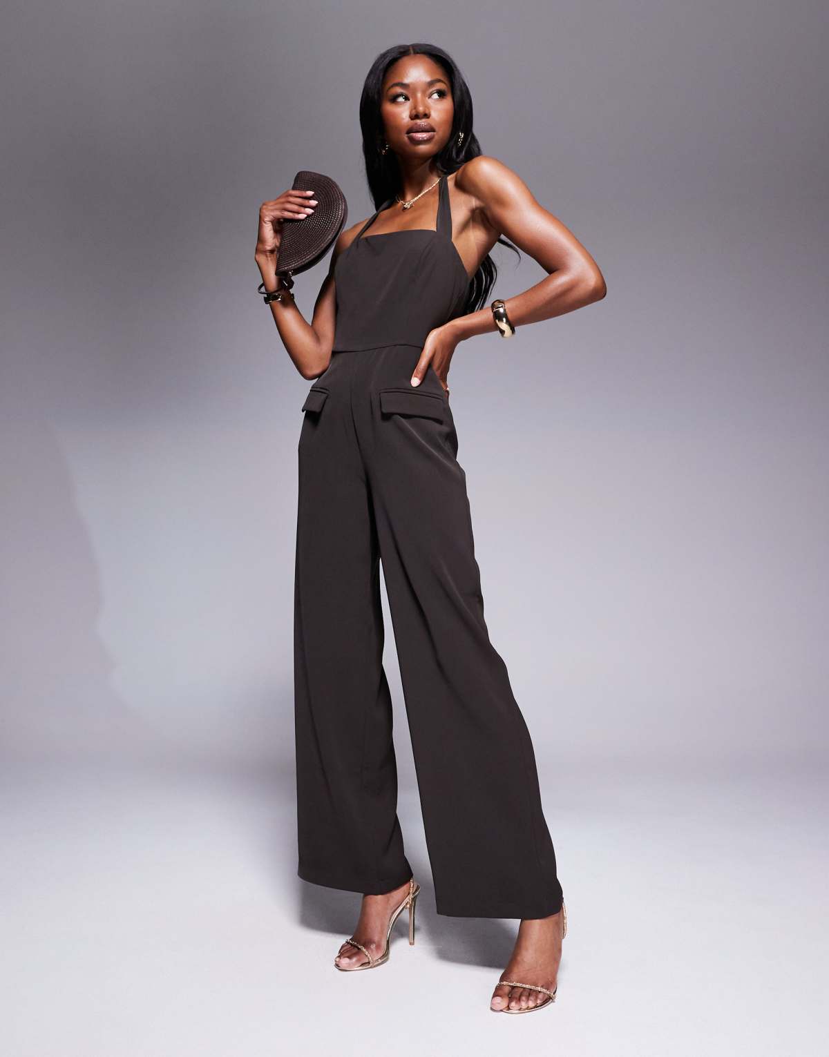 Rare London tailored halterneck wide leg jumpsuit in brown