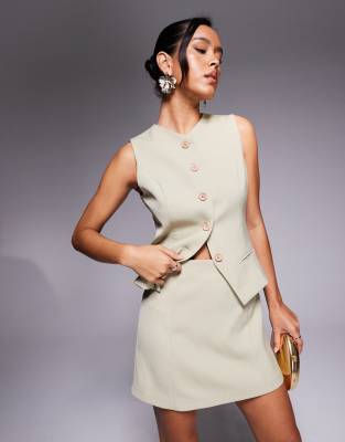 Rare Rare London tailored high neck waistcoat detail mini dress in olive-Green