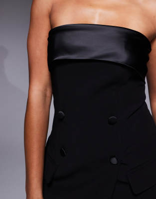 Rare London Tailored Satin Contrast Button Up Wrap Detail Mini Dress In Black