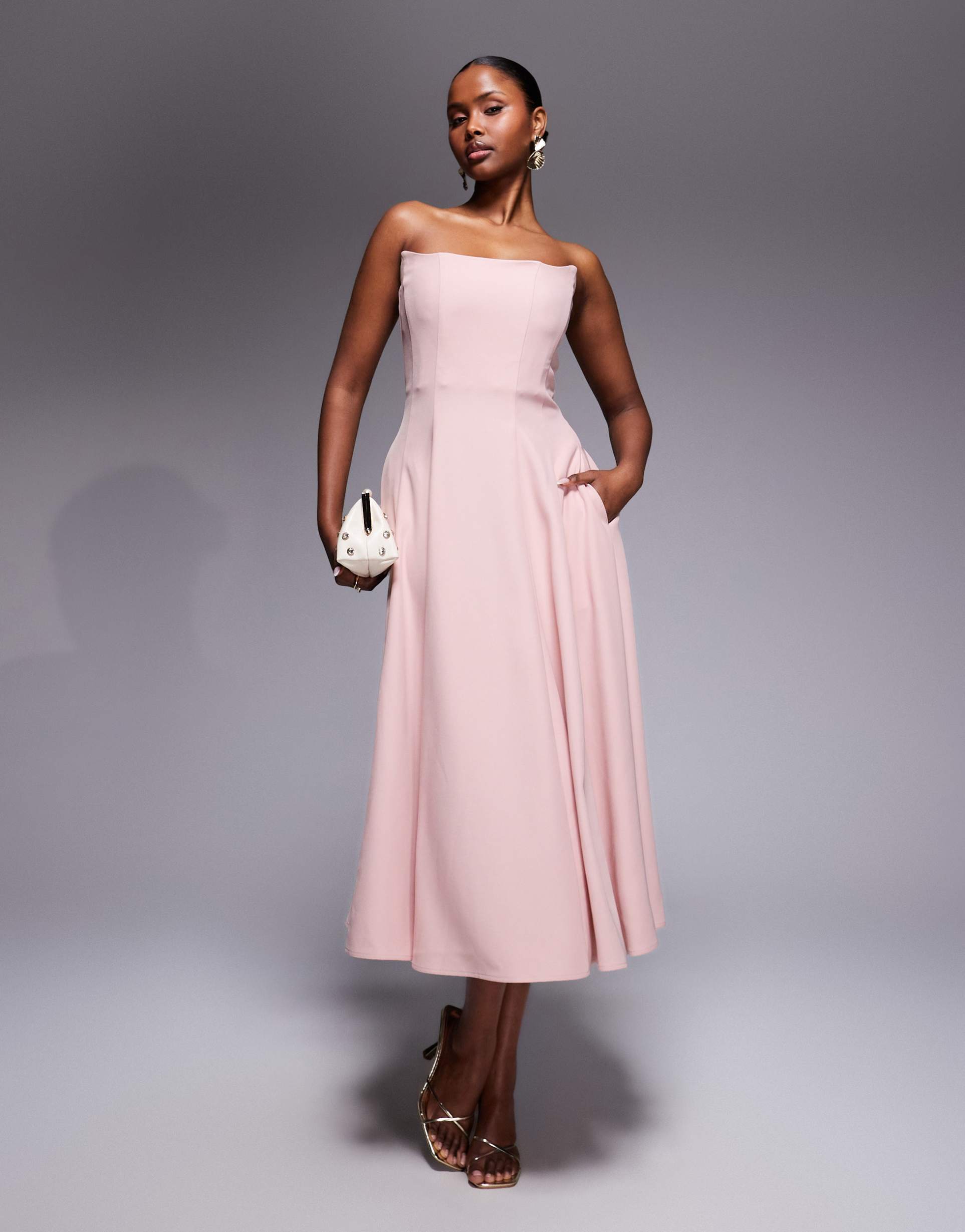 rare london tailored strapless structured midi dress in pink