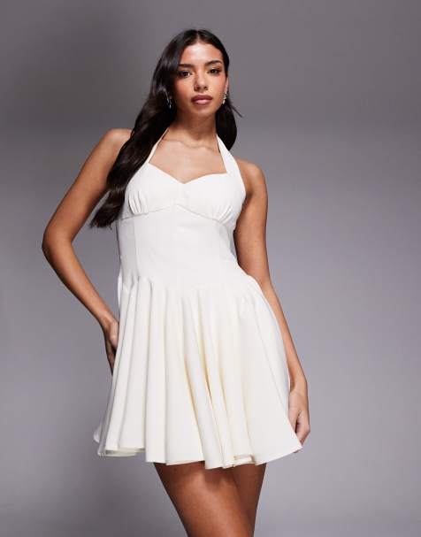 Rare London tailored sweetheart neckline halterneck mini dress in cream