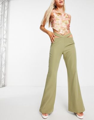 Rare London tailored trouser with cut out detail co ord in olive