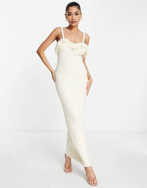 Rare London textured fringe maxi dress in cream, 3 of 4