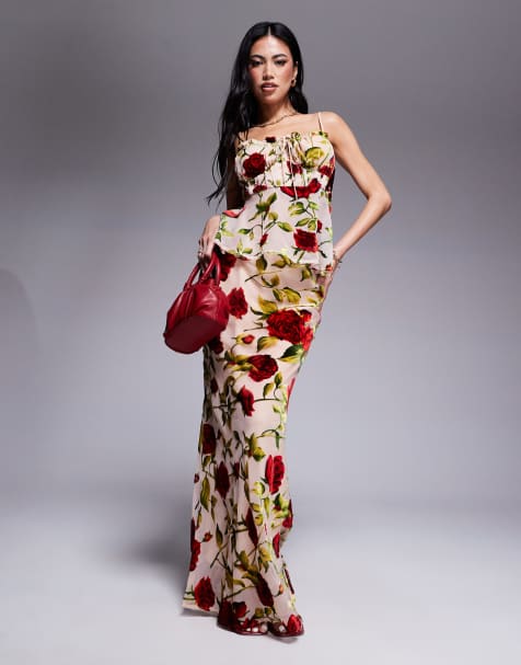 Rare London tie bust detail cami top and maxi skirt set in beige rose print - view 1