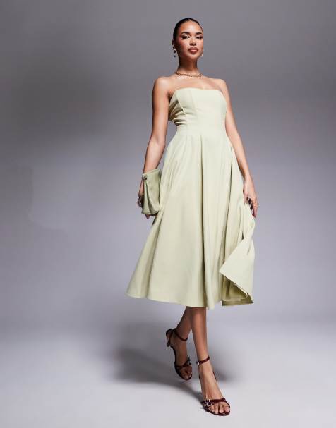 Rare London – Trägerloses Midikleid in Olivgrün mit Korsettoberteil und weitem Rock - view 1