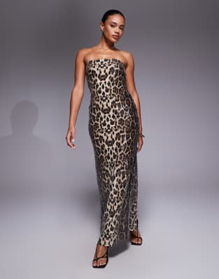 Rare London - Trägerloses Pailletten-Maxikleid mit Leopardenmuster-Bunt
