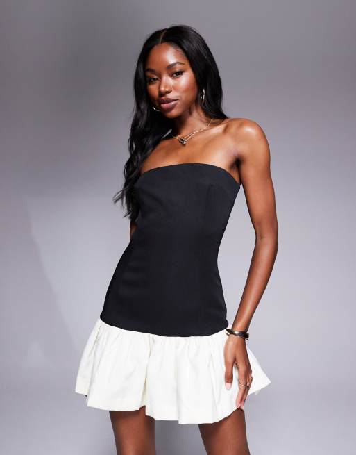 Rare London – Trägerloses Satin-Minikleid in Schwarz und Weiß mit Rüschen-Rock, 4 von 4