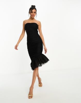 Rare London Tulle Bandeau Asymmetric Hem Midi Dress In Black