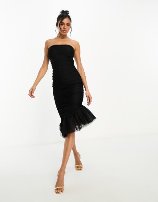 Style tulle hem shop midi dress in black