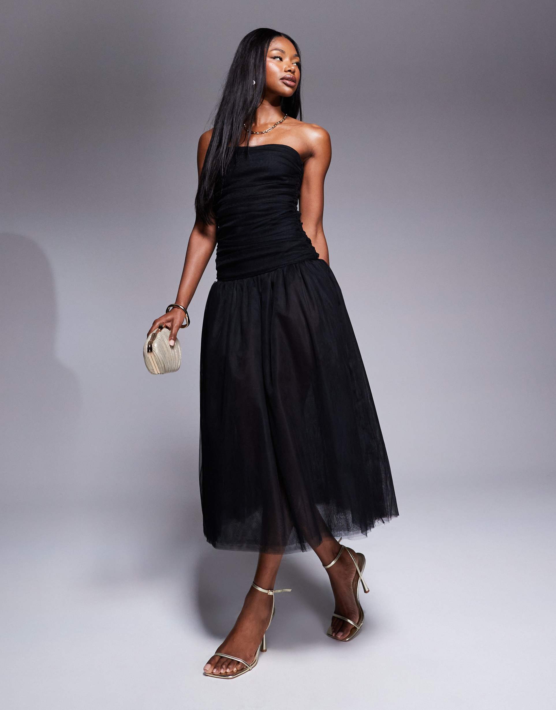 rare london tulle bandeau drop waist maxi dress in black