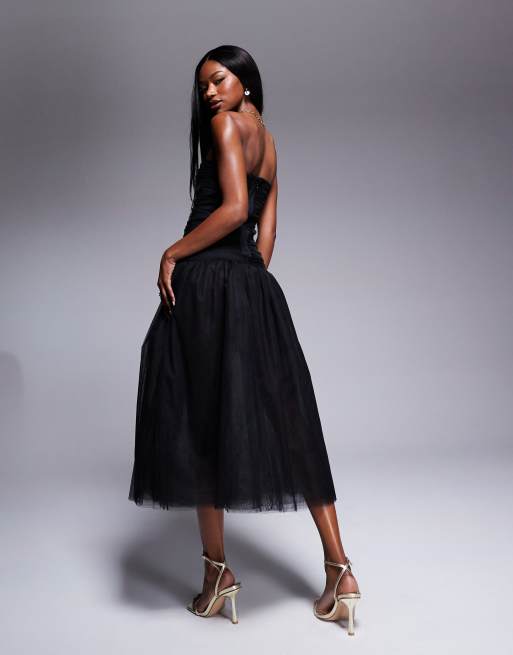 Rare London Tulle Bandeau Drop Waist Maxi Dress in Black