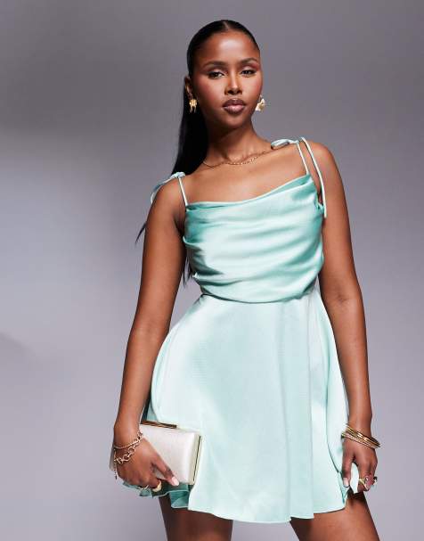 Rare London satin ruched bust tie back floaty mini dress in turquoise