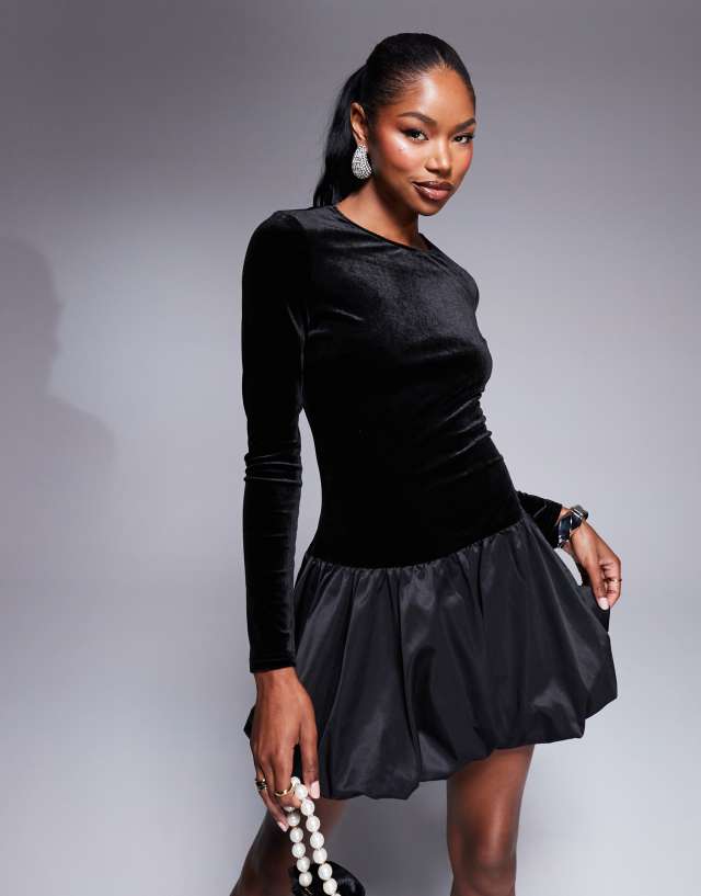 Rare London velvet bubble hem mini dress in black