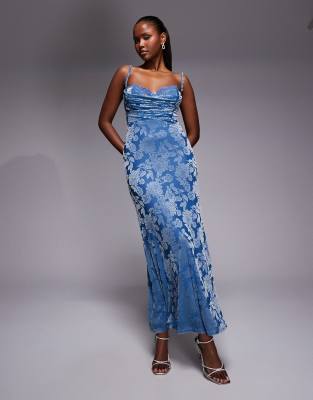 Rare London Velvet Floral Burnout Lace Bust Detail Open Strappy Back Maxi Dress In Blue