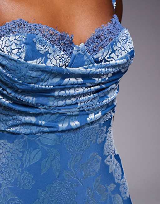Rare London velvet floral burnout lace bust detail open strappy back maxi  dress in blue | ASOS